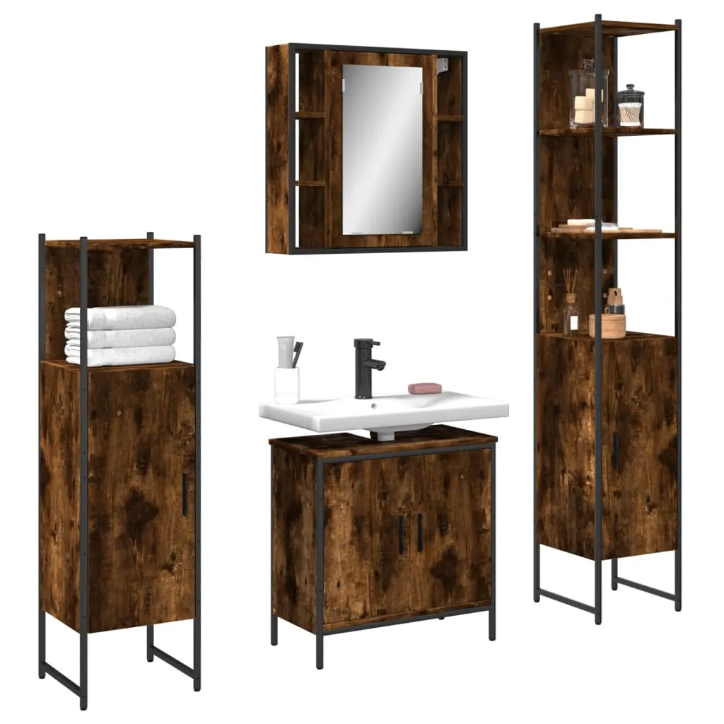 4 Piece Bathroom Cabinet Set Smoked Oak Engineered Wood