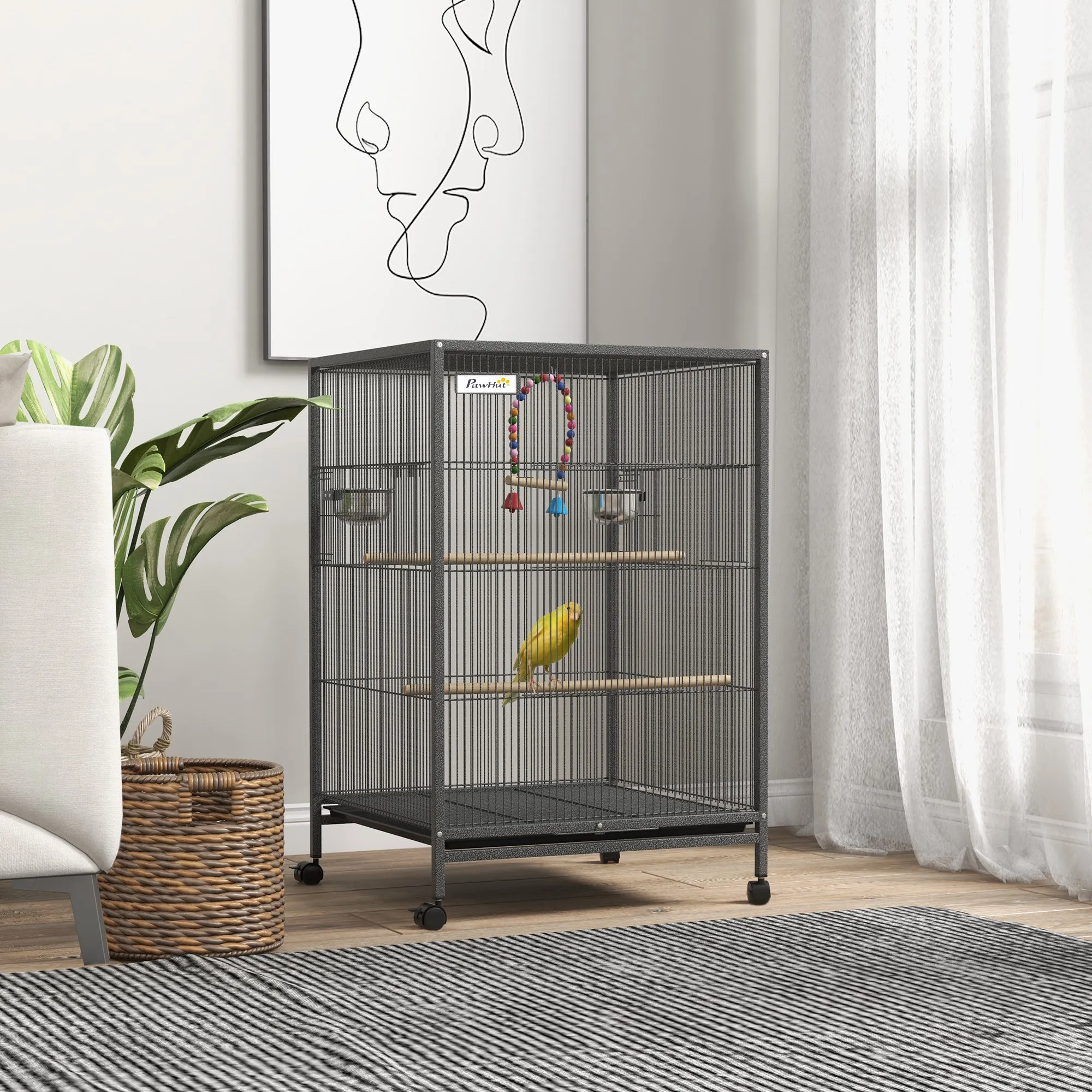 Bird Cage, Budgie Cage, with Rolling Stand, for Small Birds - Grey