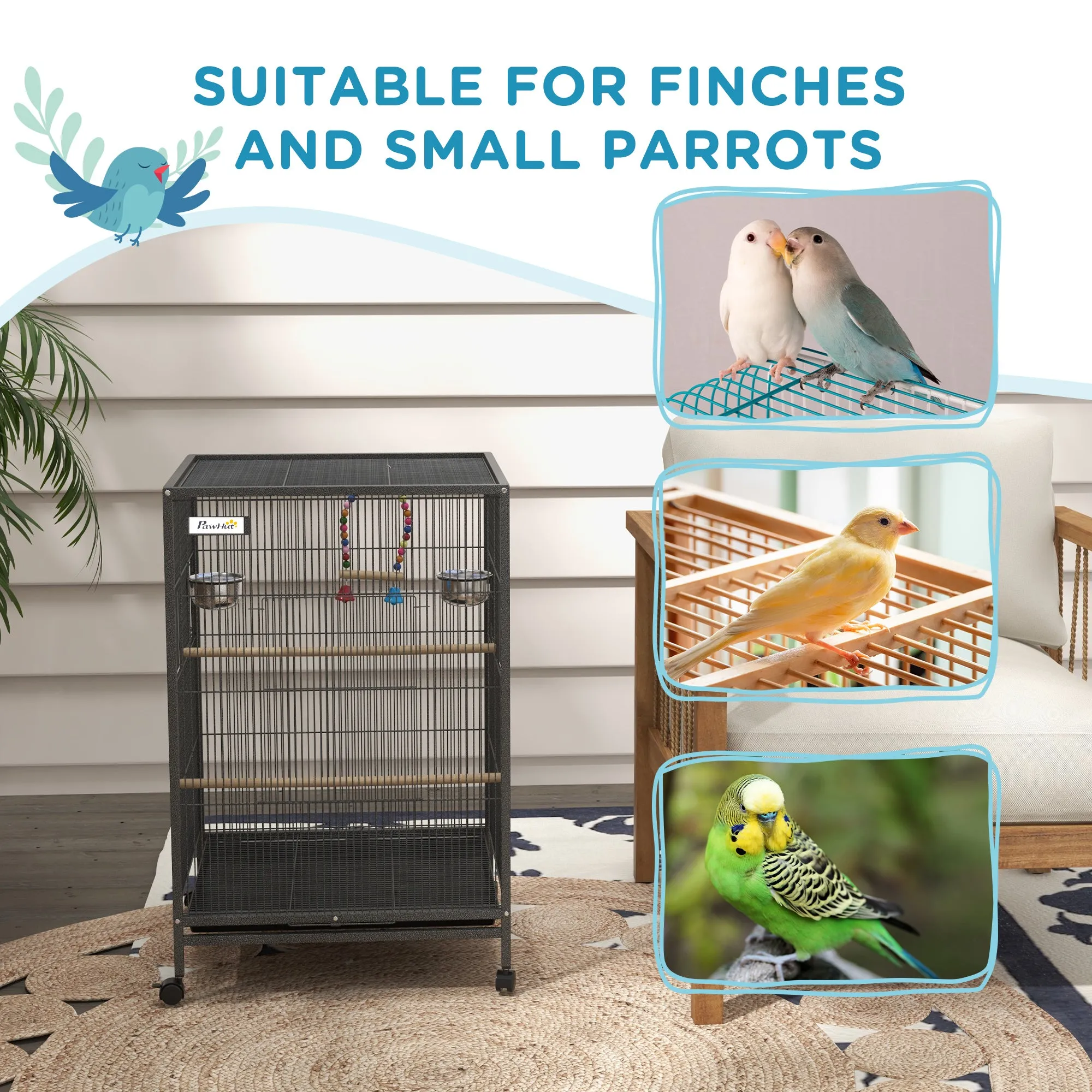 Bird Cage, Budgie Cage, with Rolling Stand, for Small Birds - Grey