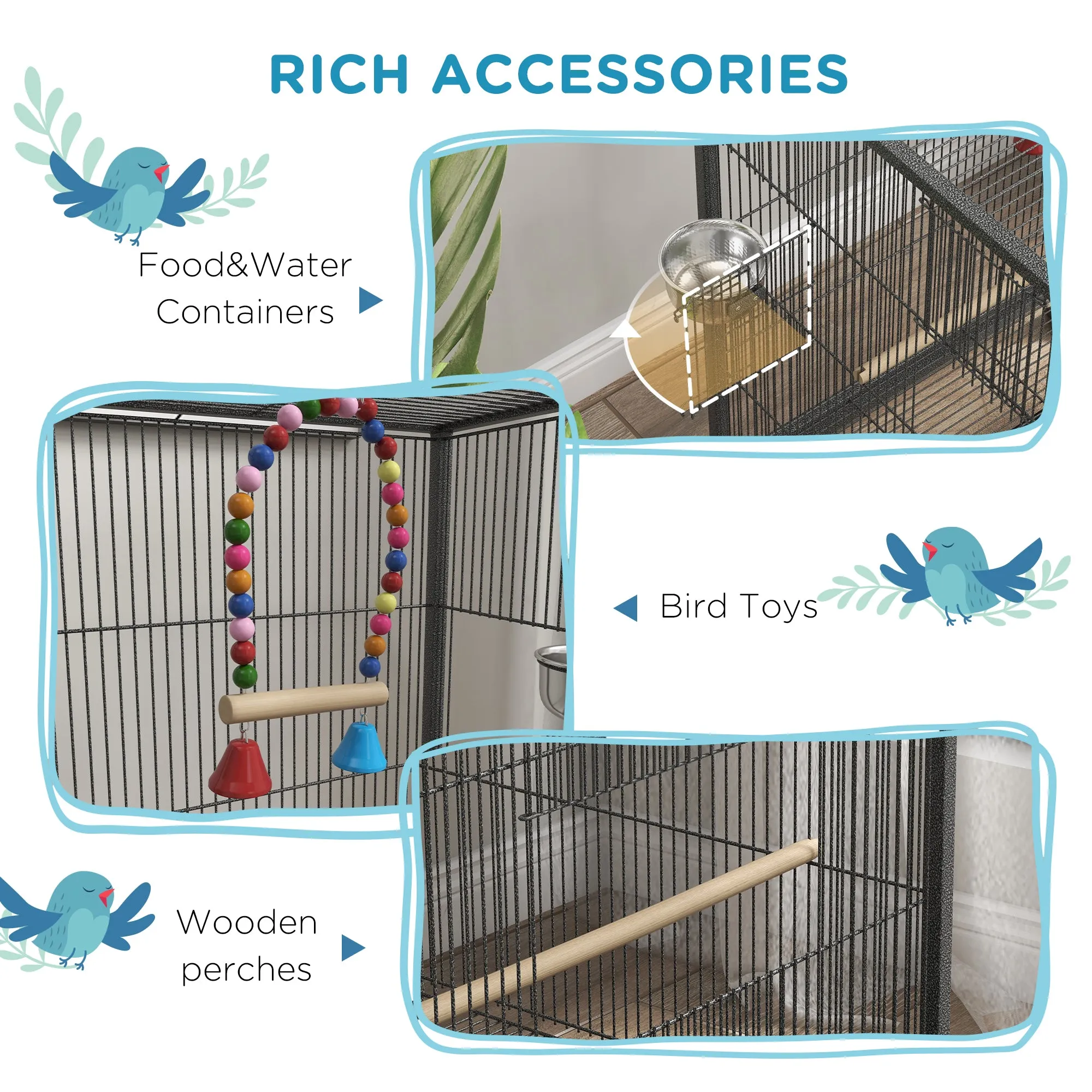 Bird Cage, Budgie Cage, with Rolling Stand, for Small Birds - Grey