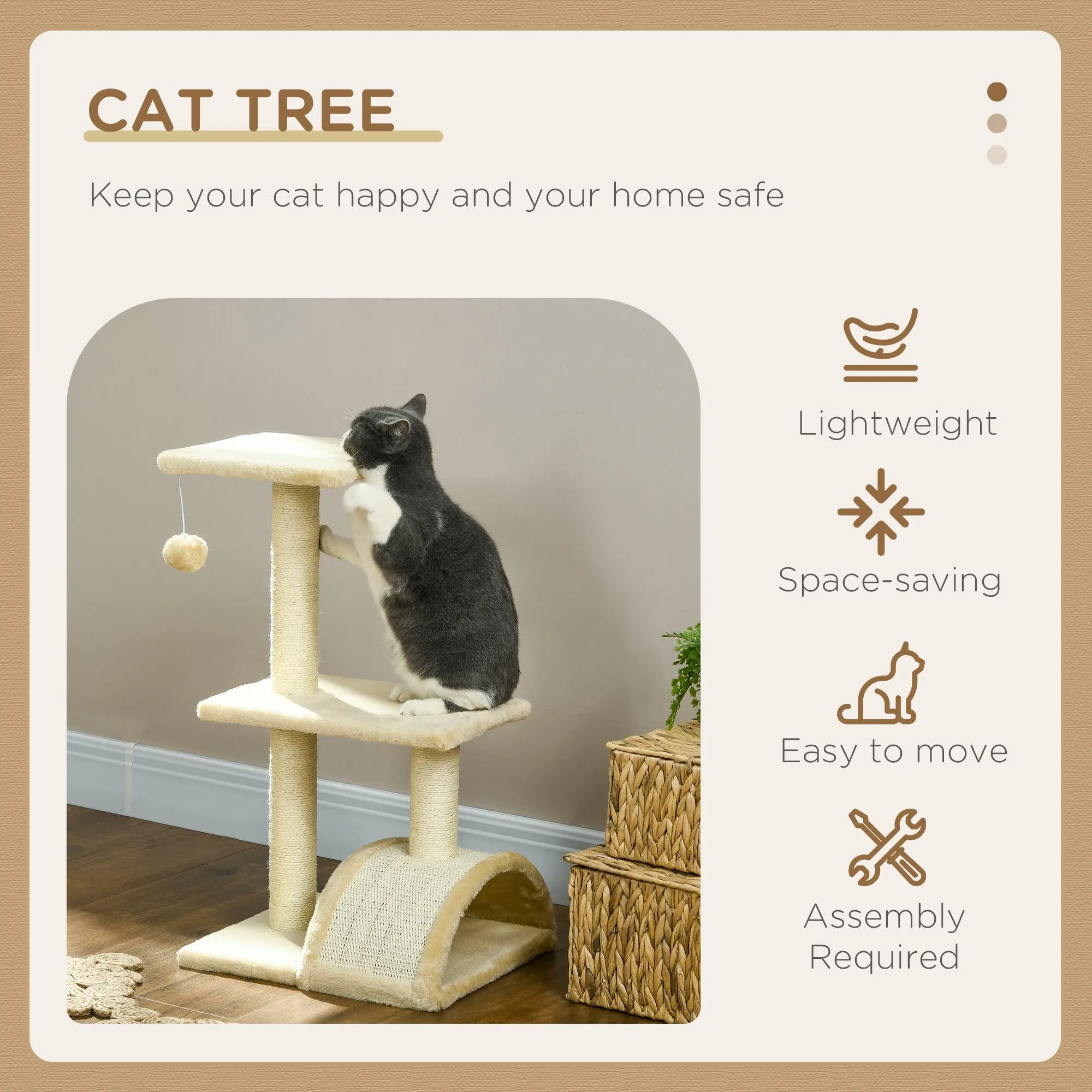 Compact Cat Tree with Scratching Post & Pad, 72cm - Cream White