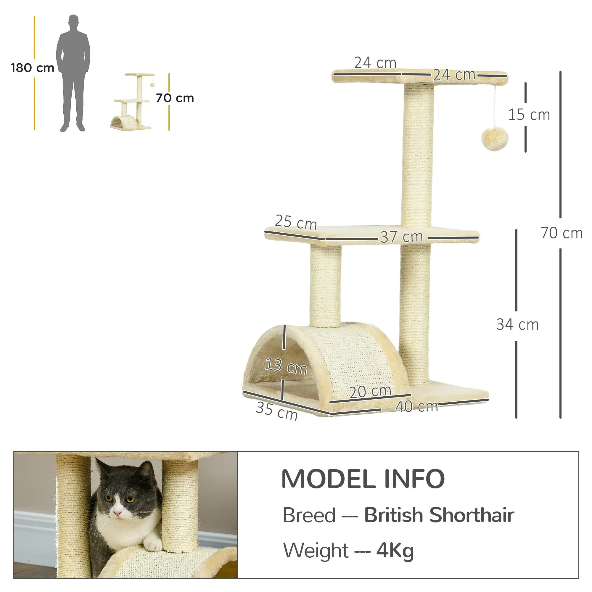 Compact Cat Tree with Scratching Post & Pad, 72cm - Cream White