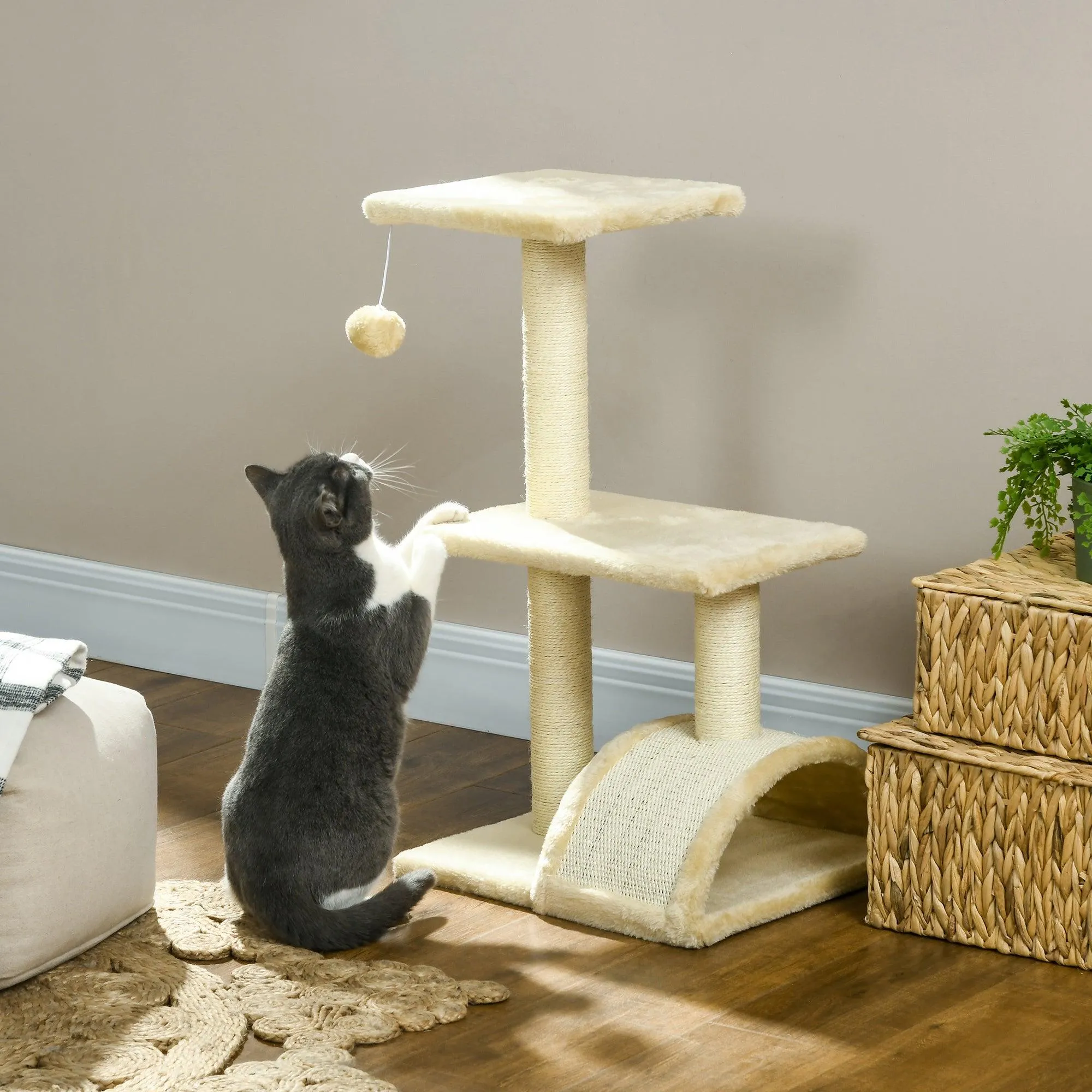 Compact Cat Tree with Scratching Post & Pad, 72cm - Cream White