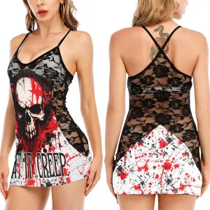 Eat it Creep Horror Skull Black Lace Sleepwears Babydol Dresses