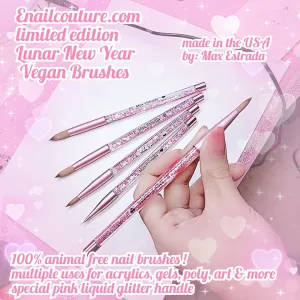 Lunar New Year Vegan Brushes! limited edition (Professional Vegan Kolinsky Acrylic Nail Brush - Round Oval Shape Nail Art Brush for Nails Extension Nail Art Carving with Special Pink Liquid Glitter Handle)