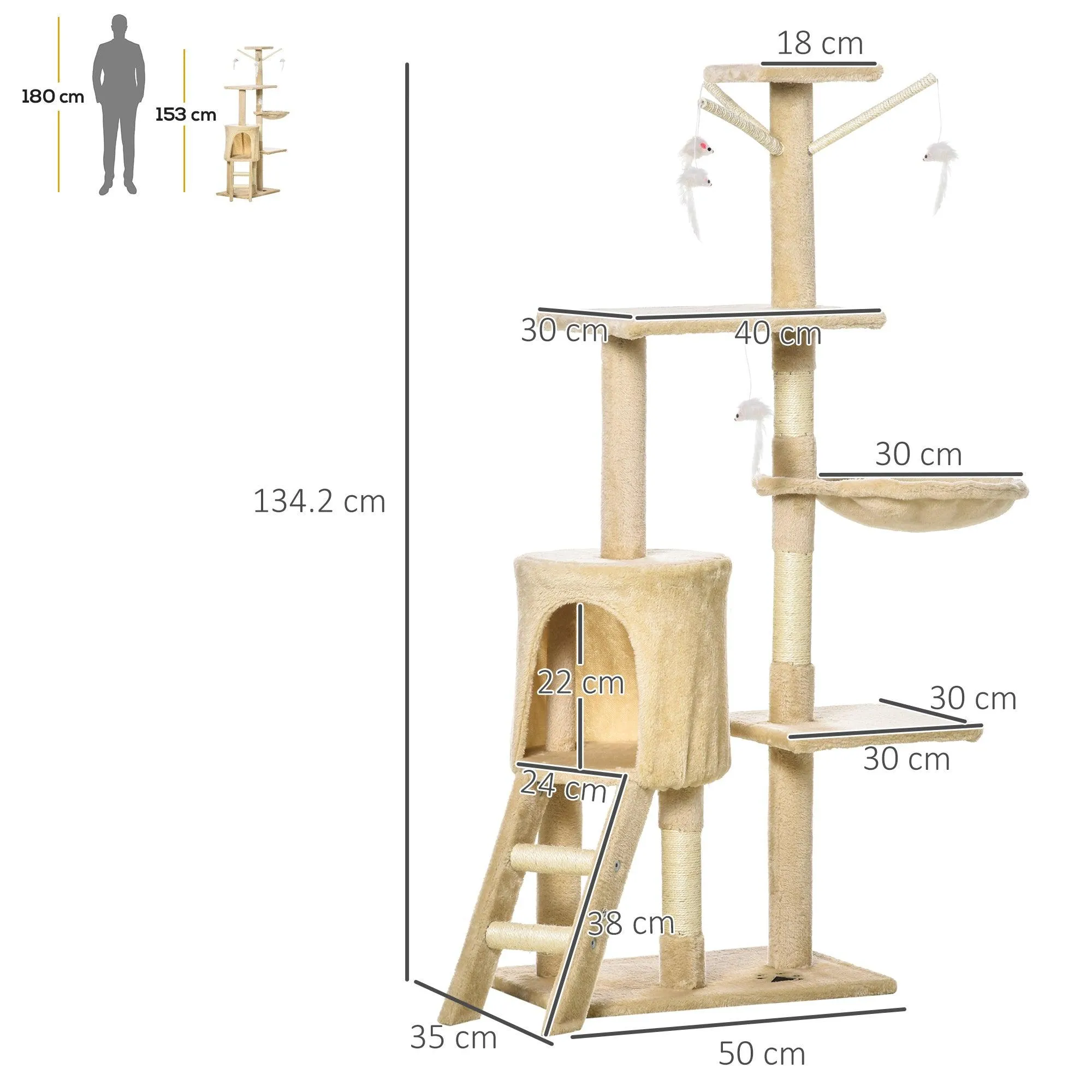 Multi-Level Cat Tree House, 134.2cm - Beige