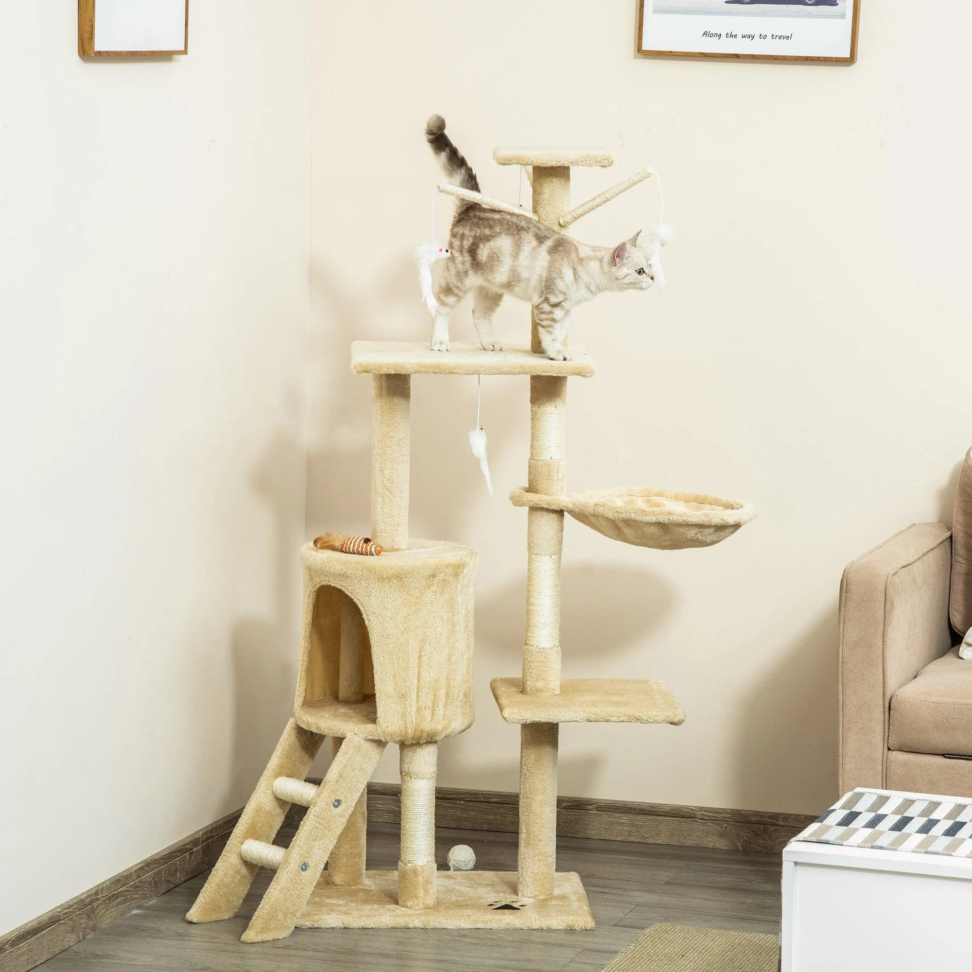 Multi-Level Cat Tree House, 134.2cm - Beige