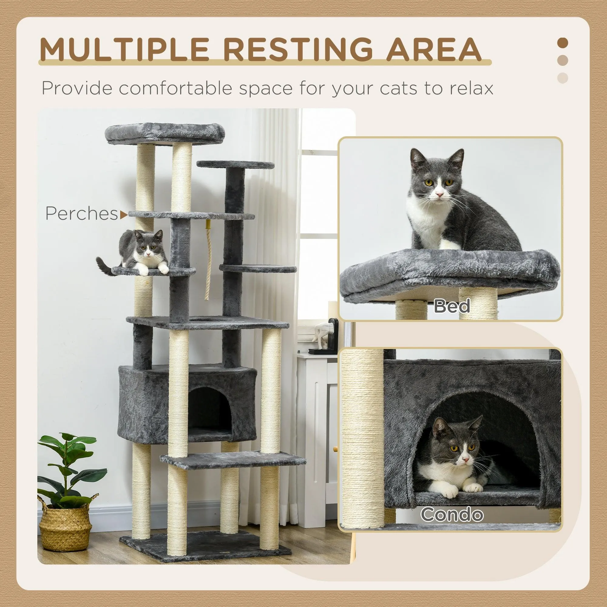 Multi-level Cat Tree w/ Scratching Posts, Bed, Condo, 184cm - Grey