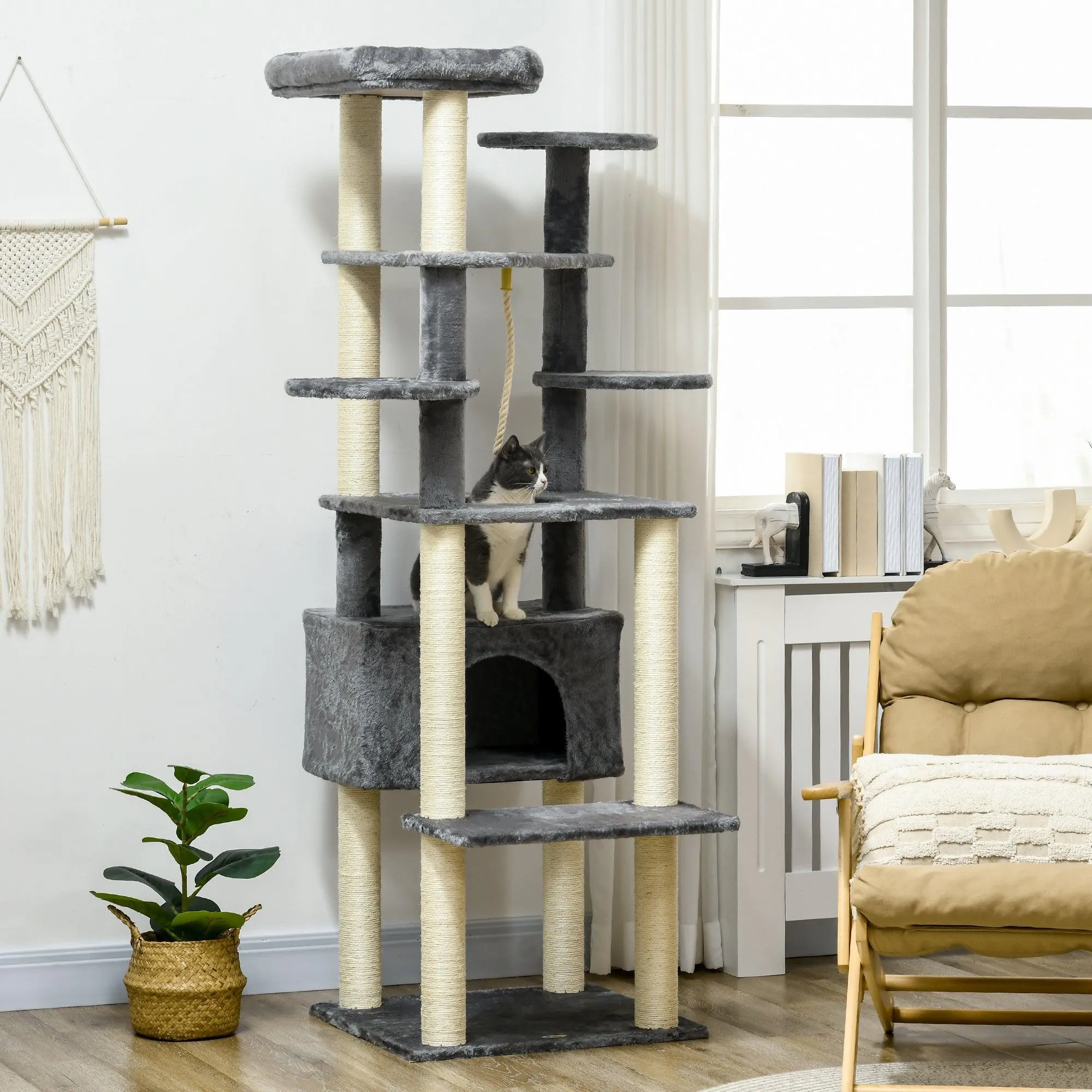 Multi-level Cat Tree w/ Scratching Posts, Bed, Condo, 184cm - Grey