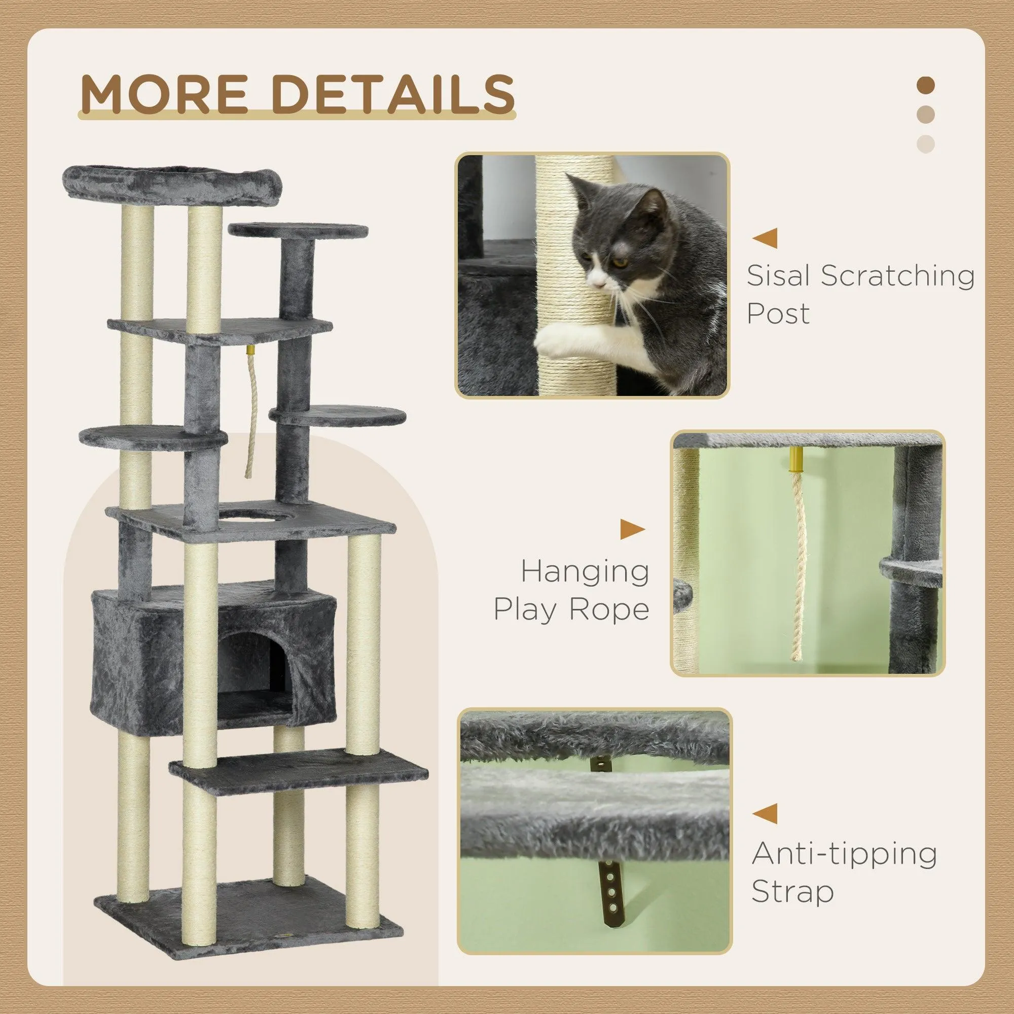 Multi-level Cat Tree w/ Scratching Posts, Bed, Condo, 184cm - Grey