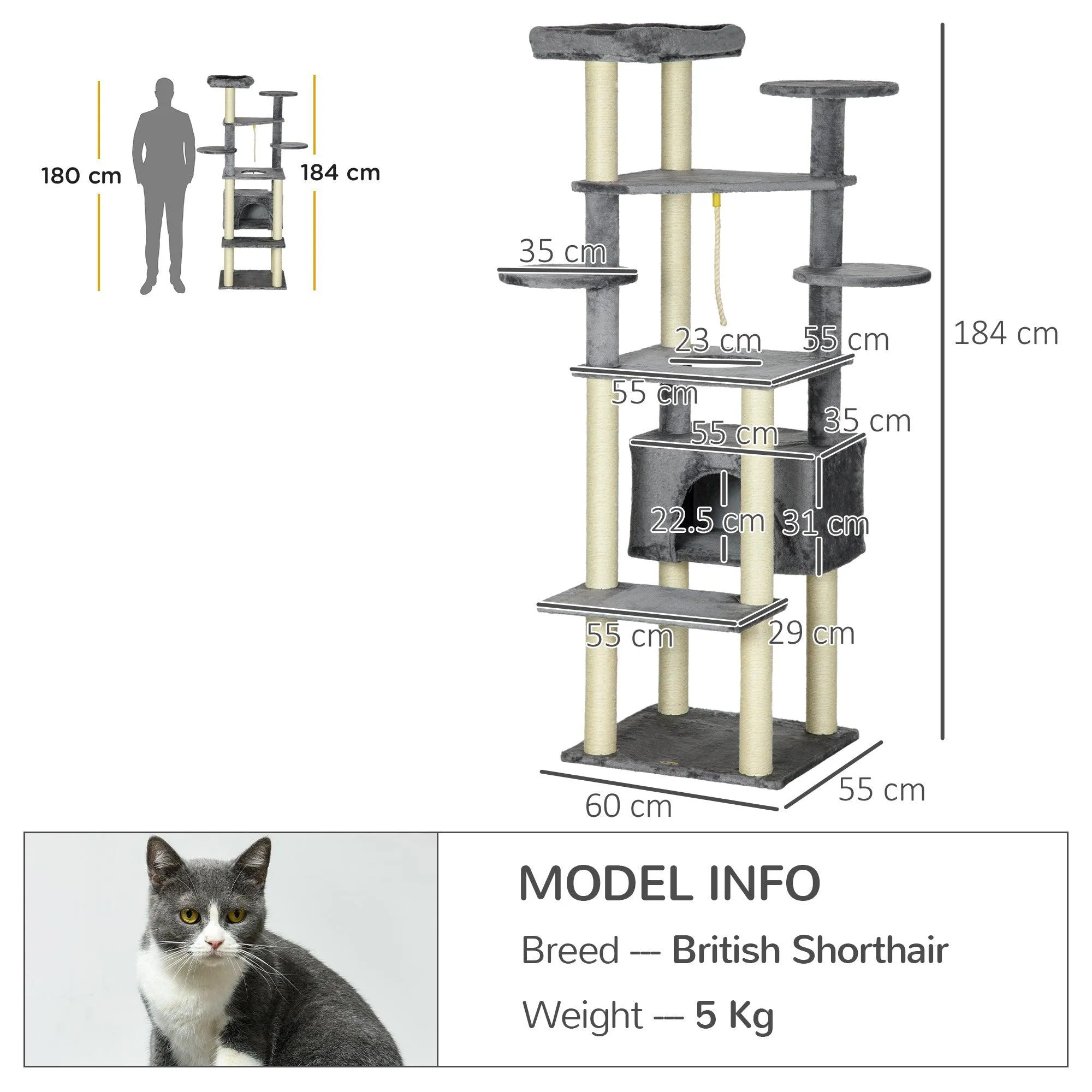 Multi-level Cat Tree w/ Scratching Posts, Bed, Condo, 184cm - Grey