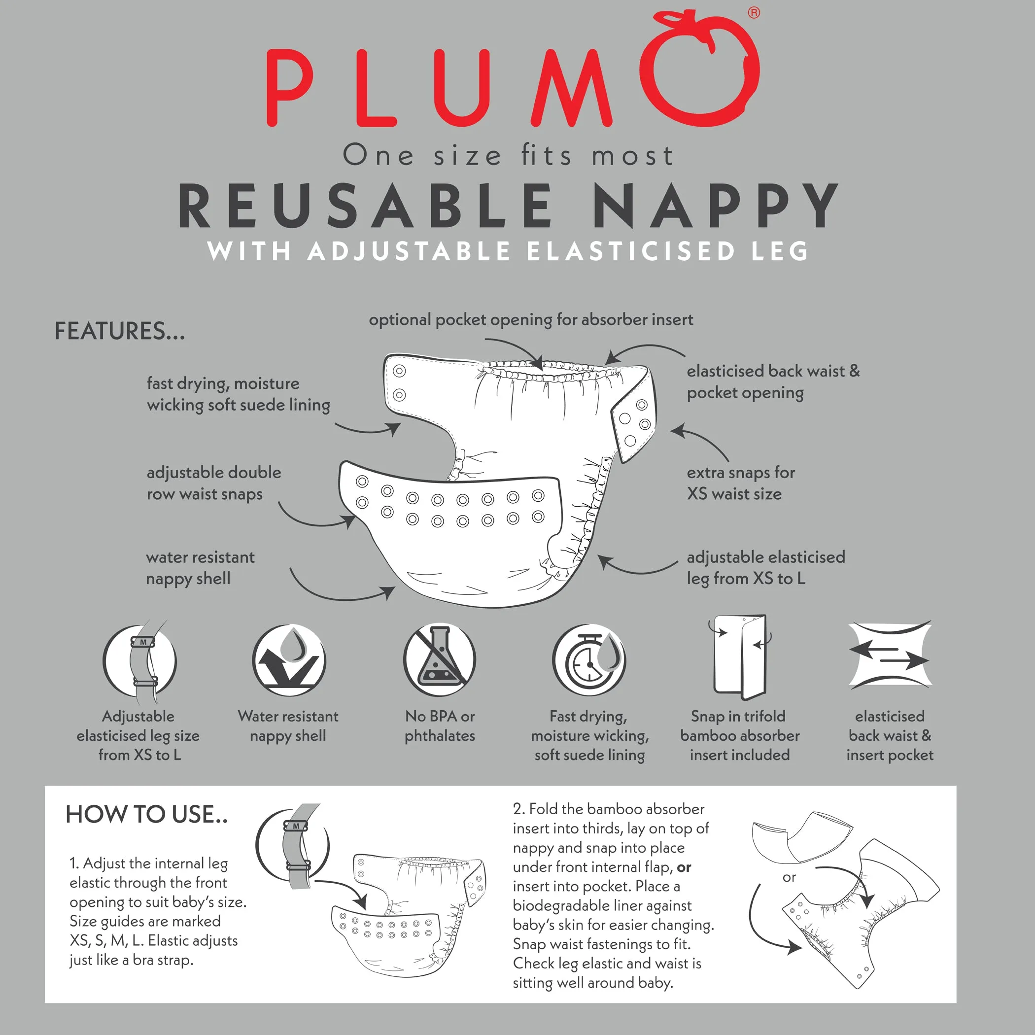 PLUM Reusable Cloth Nappy & Bamboo Liner - Grey Pebble