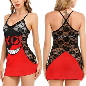 Psycho Two Block Color Emo Skull Black Lace Sleepwears Babydol Dresses